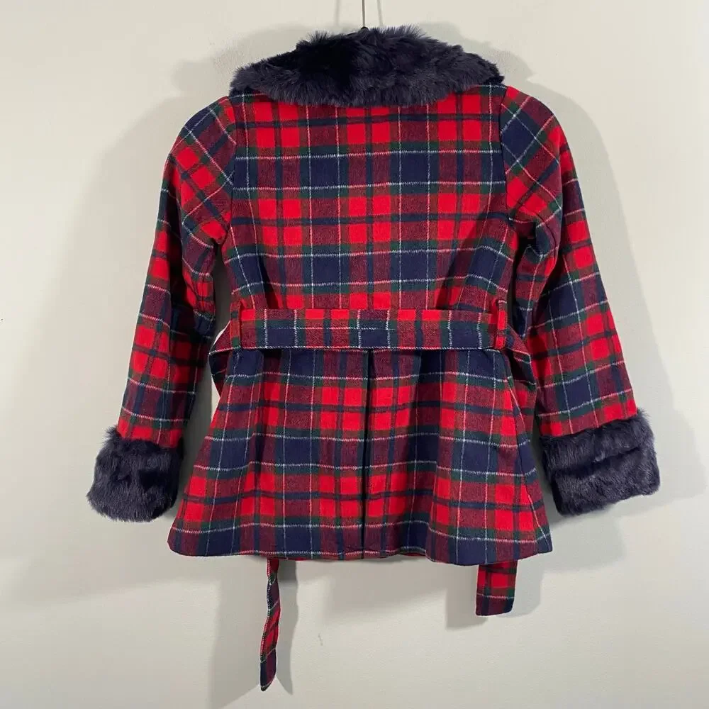 Janie & Jack X American Girl Navy & Red Tartan Plaid Fur-Trim Plaid Coat Sz 7-8